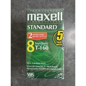 New Maxell VHS T-160 Premium Grade 8 Hour Tapes - 5 Pack.